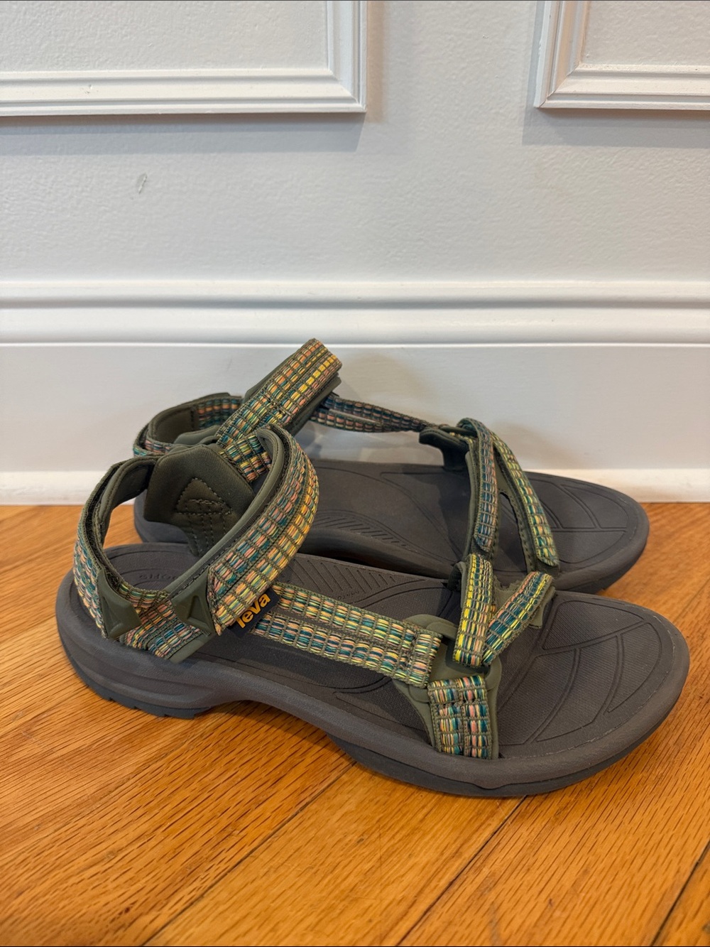 New Teva Olive Green Sandals with Multicolor Woven Straps